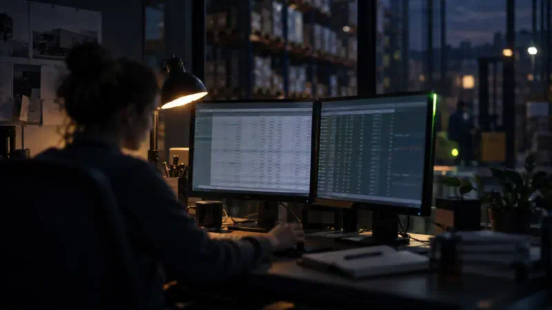 Bureau sombre, écran affichant des tableaux Excel de commandes fournisseurs, ambiance entrepôt en arrière-plan