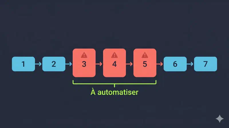 Timeline d&rsquo;un process avec les étapes chronophages identifiées pour automatisation