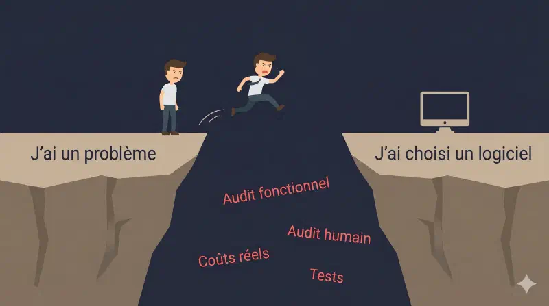 Schéma du saut sans cadrage : un dirigeant qui saute du problème au choix logiciel en ignorant l&rsquo;étape d&rsquo;audit