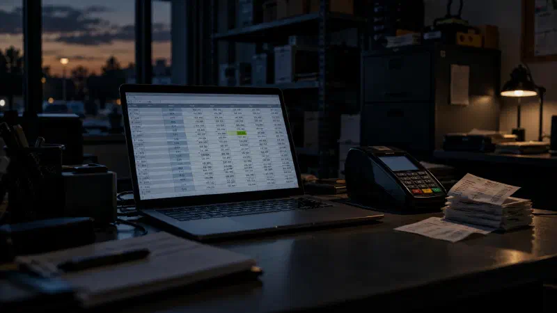 Bureau de magasin sombre avec un fichier Excel de clôture caisse ouvert à côté d&rsquo;un terminal de paiement
