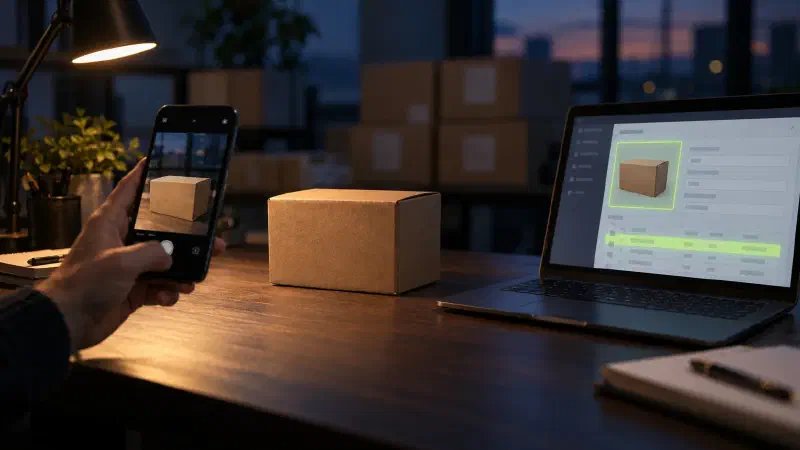 Bureau sombre avec un téléphone qui photographie un article et une fiche article du logiciel de gestion qui reçoit la photo