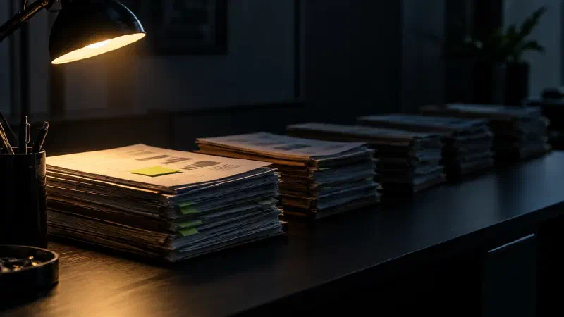 Bureau sombre avec cinq piles de dossiers empilés, une seule éclairée par une lampe, les autres dans la pénombre